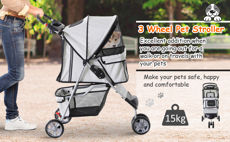 PawHut Pet Travel Stroller Cat Dog Pushchair Carrier Three Wheels for Small Dogs Grey bearsupreme