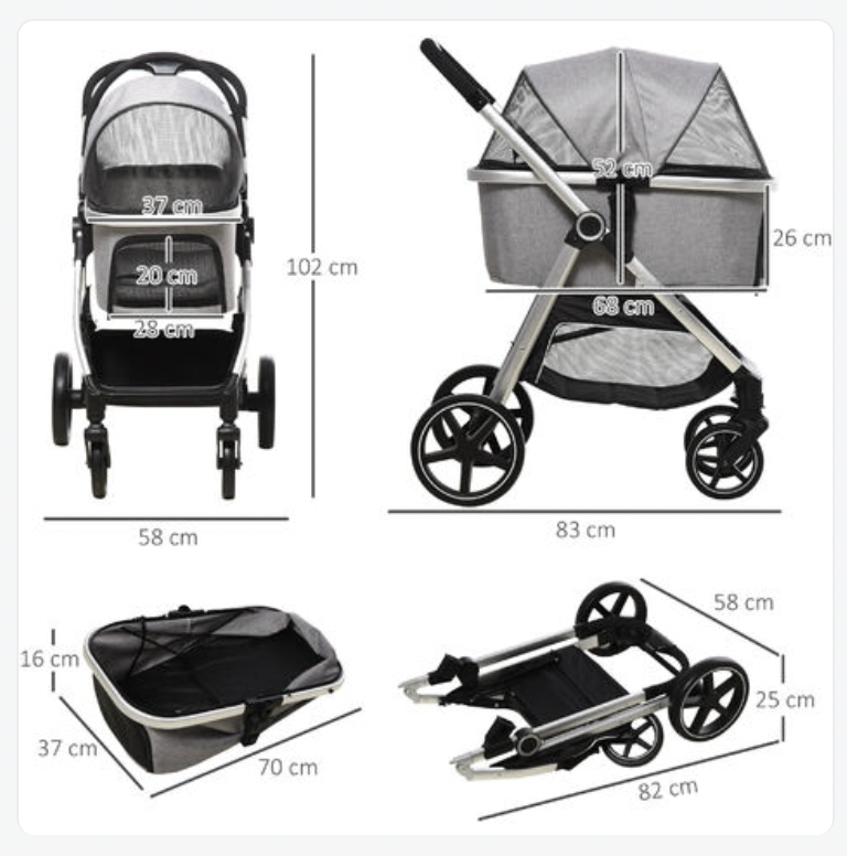 PawHut 3 in 1 One-Click Foldable Pet Stroller Detachable Pushchair for Small Pets Black bearsupreme