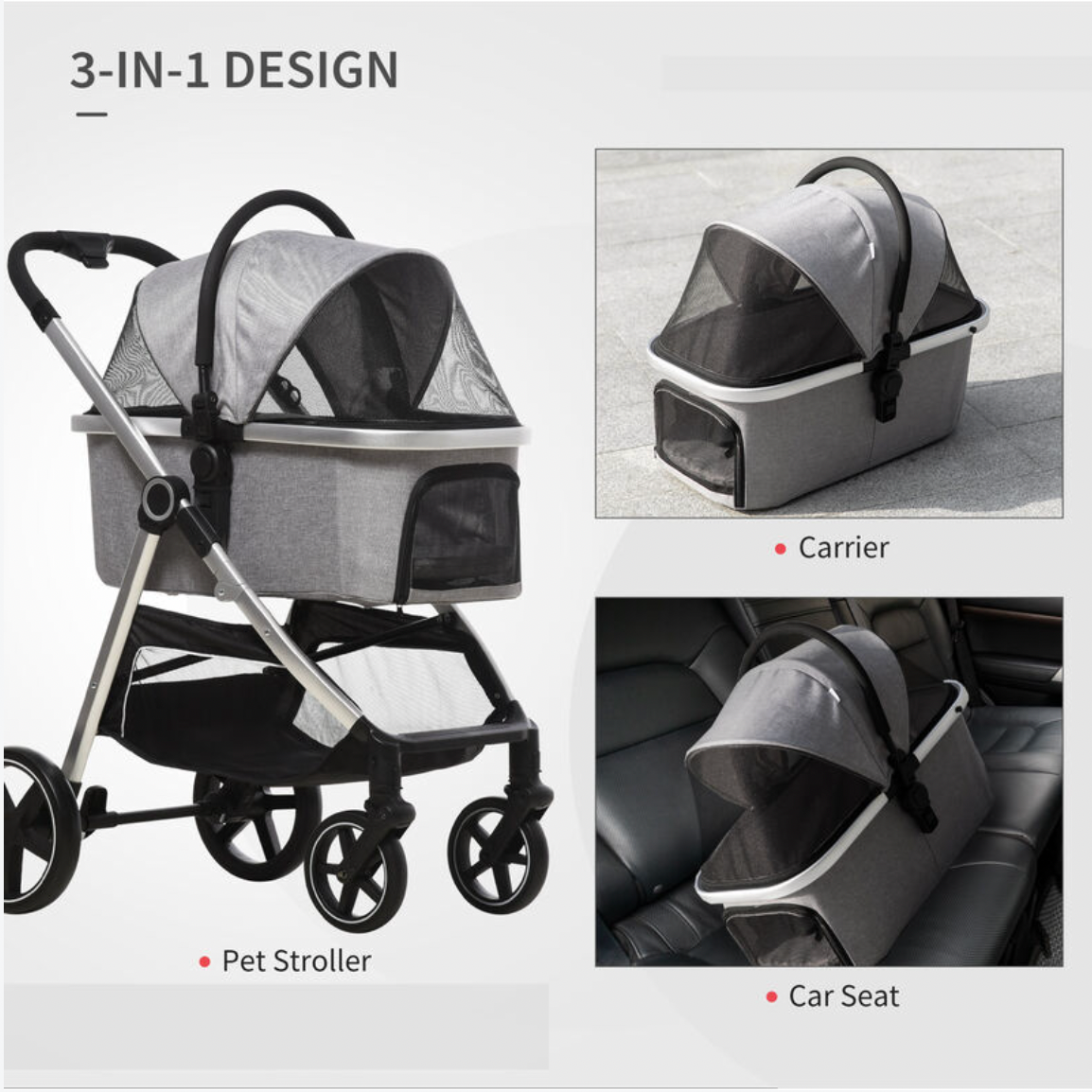 PawHut 3 in 1 One-Click Foldable Pet Stroller Detachable Pushchair for Small Pets Black bearsupreme