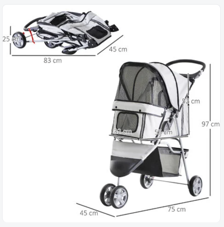 PawHut Pet Travel Stroller Cat Dog Pushchair Carrier Three Wheels for Small Dogs Grey bearsupreme